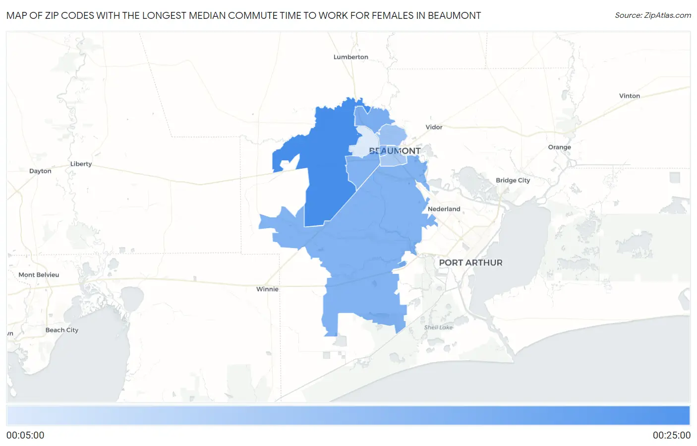 Zip Codes with the Longest Median Commute Time to Work for Females in Beaumont Map