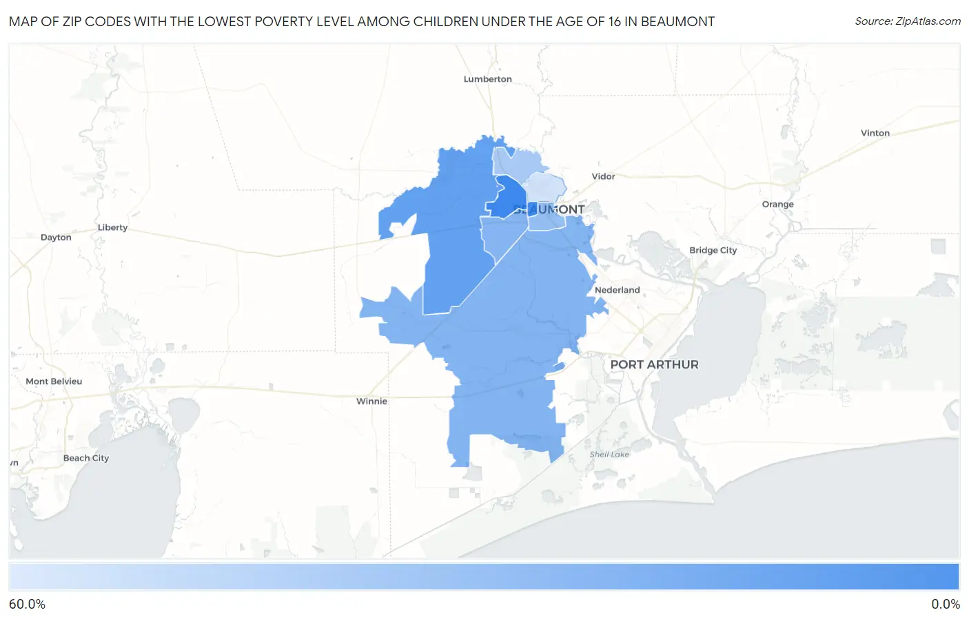 Zip Codes with the Lowest Poverty Level Among Children Under the Age of 16 in Beaumont Map