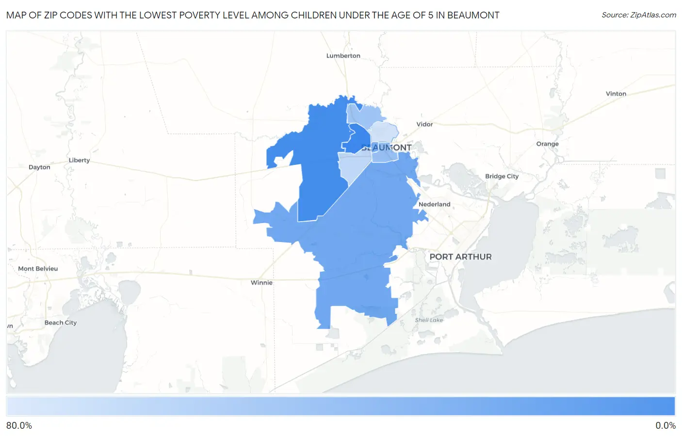 Zip Codes with the Lowest Poverty Level Among Children Under the Age of 5 in Beaumont Map