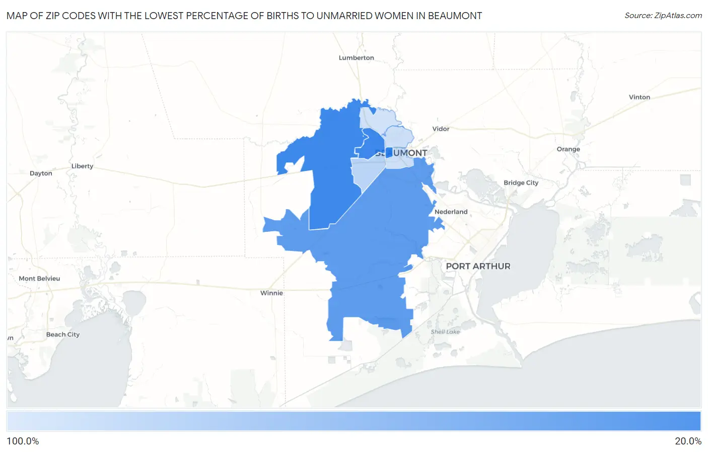 Zip Codes with the Lowest Percentage of Births to Unmarried Women in Beaumont Map