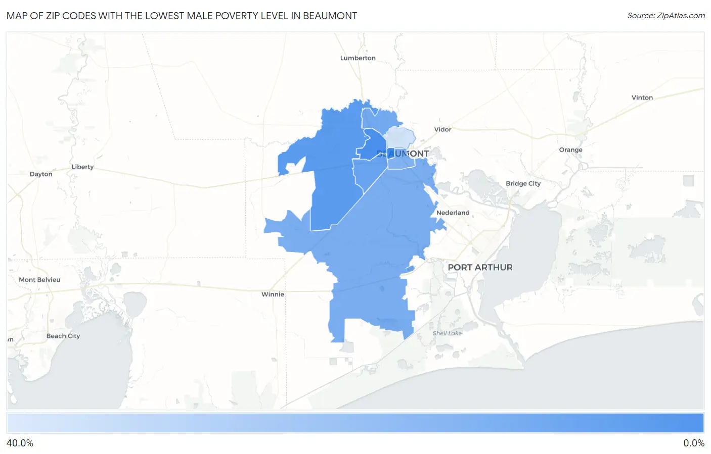 Zip Codes with the Lowest Male Poverty Level in Beaumont Map