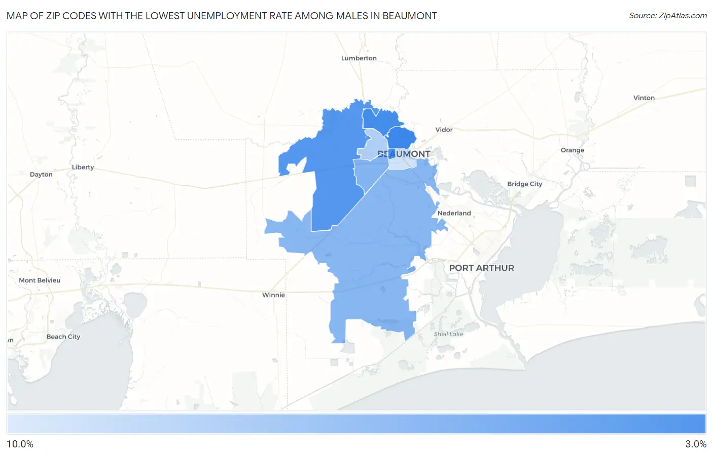 Zip Codes with the Lowest Unemployment Rate Among Males in Beaumont Map
