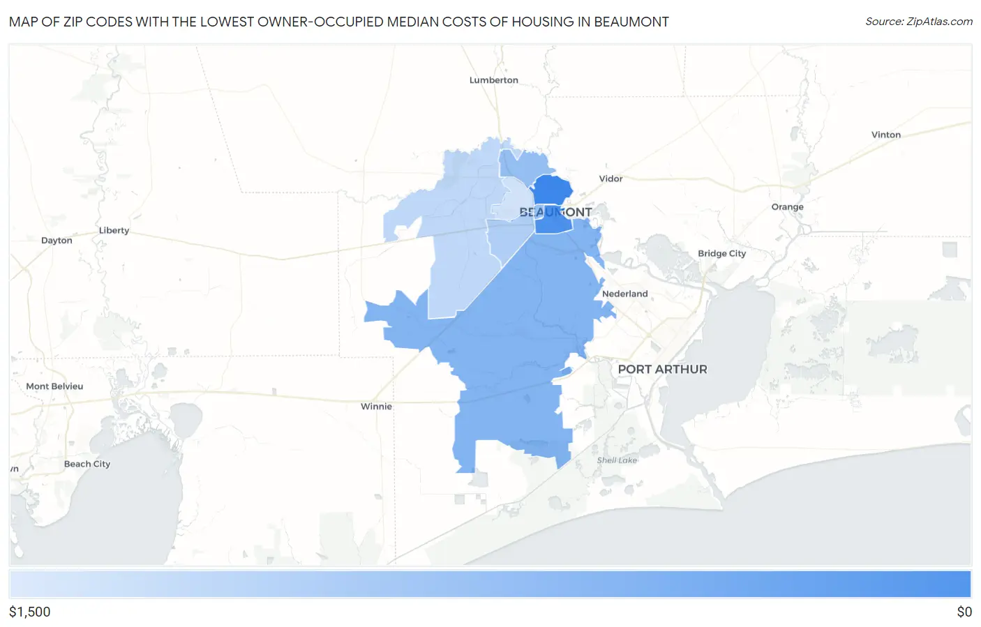 Zip Codes with the Lowest Owner-Occupied Median Costs of Housing in Beaumont Map