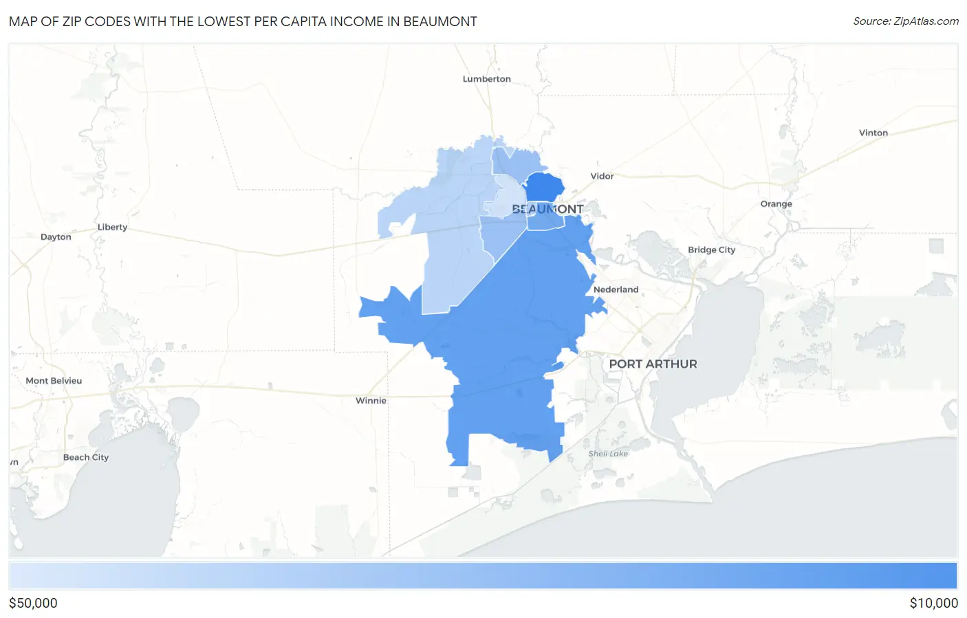 Zip Codes with the Lowest Per Capita Income in Beaumont Map