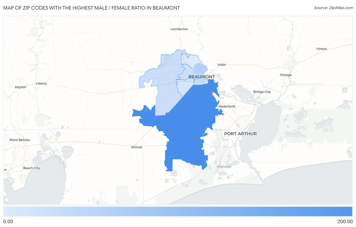 Zip Codes with the Highest Male / Female Ratio in Beaumont Map