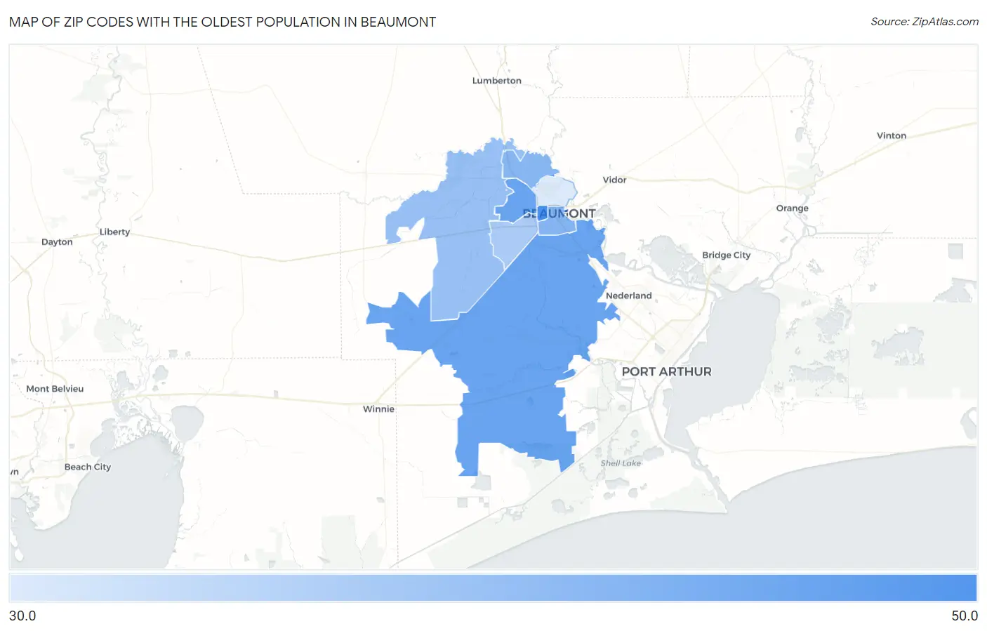 Zip Codes with the Oldest Population in Beaumont Map