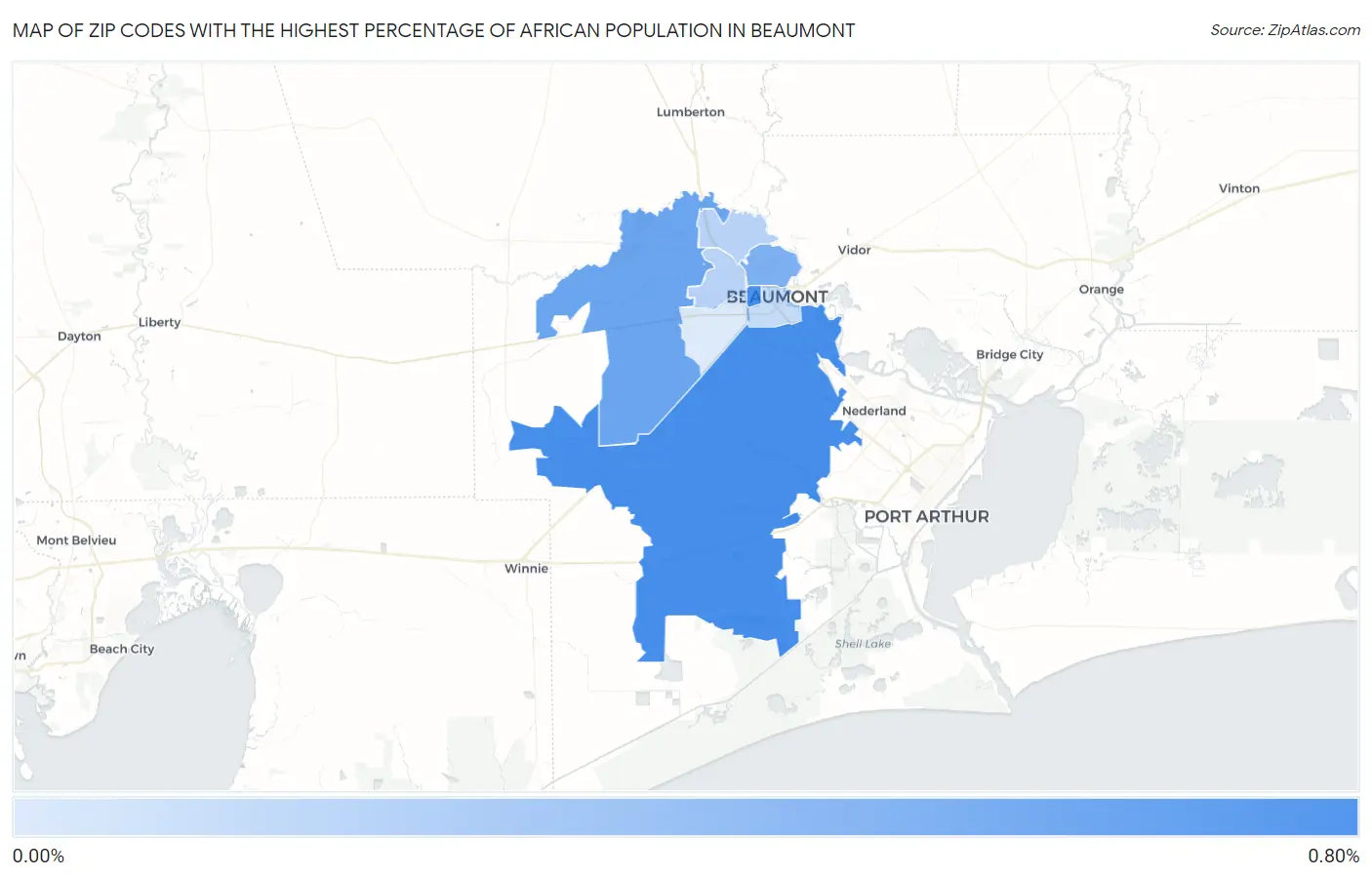 Zip Codes with the Highest Percentage of African Population in Beaumont Map