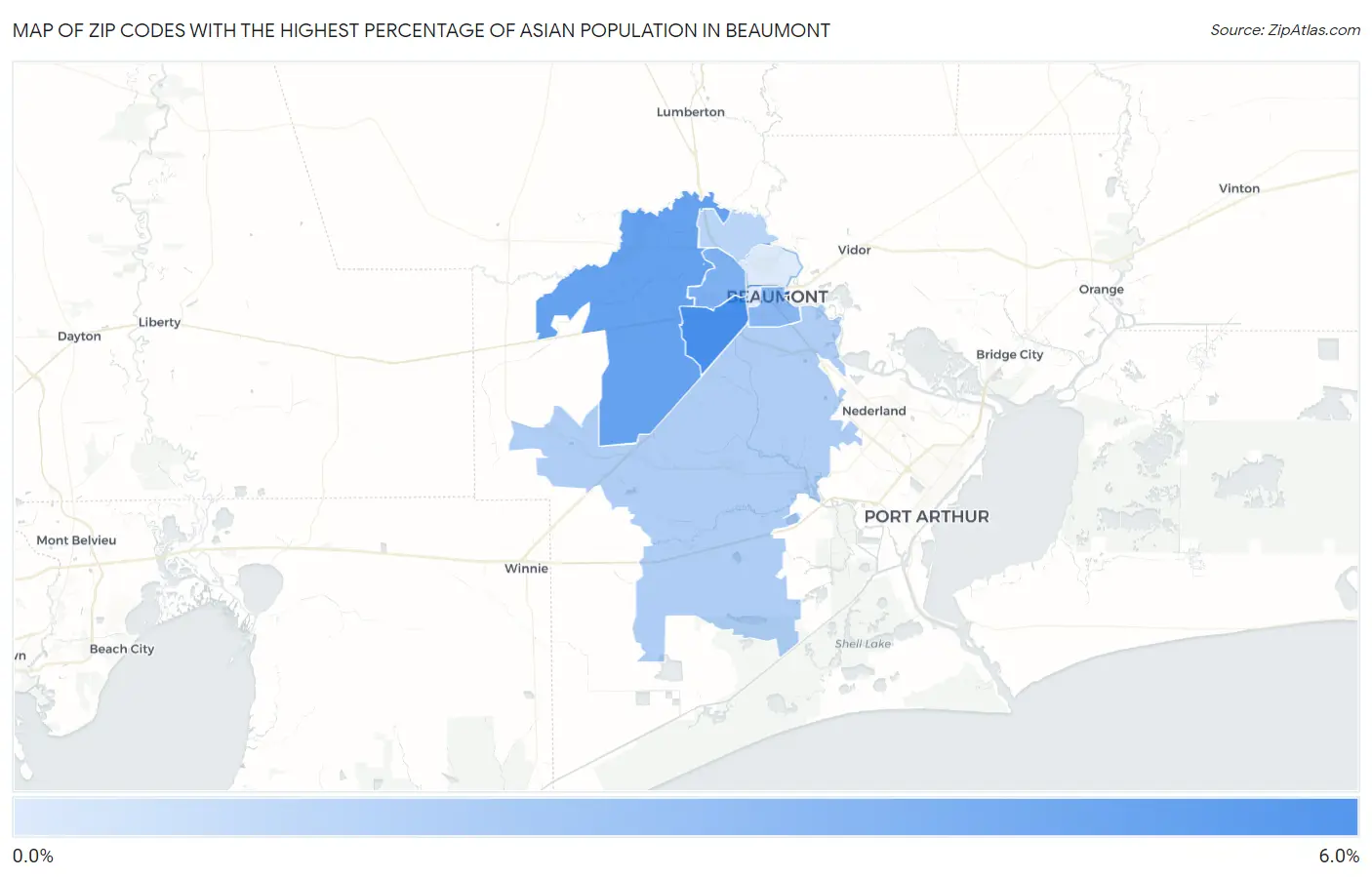 Zip Codes with the Highest Percentage of Asian Population in Beaumont Map