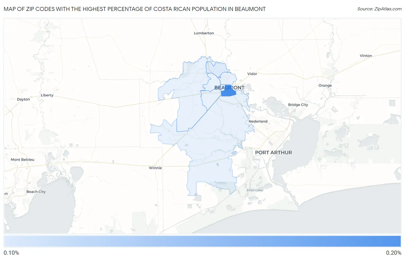 Zip Codes with the Highest Percentage of Costa Rican Population in Beaumont Map