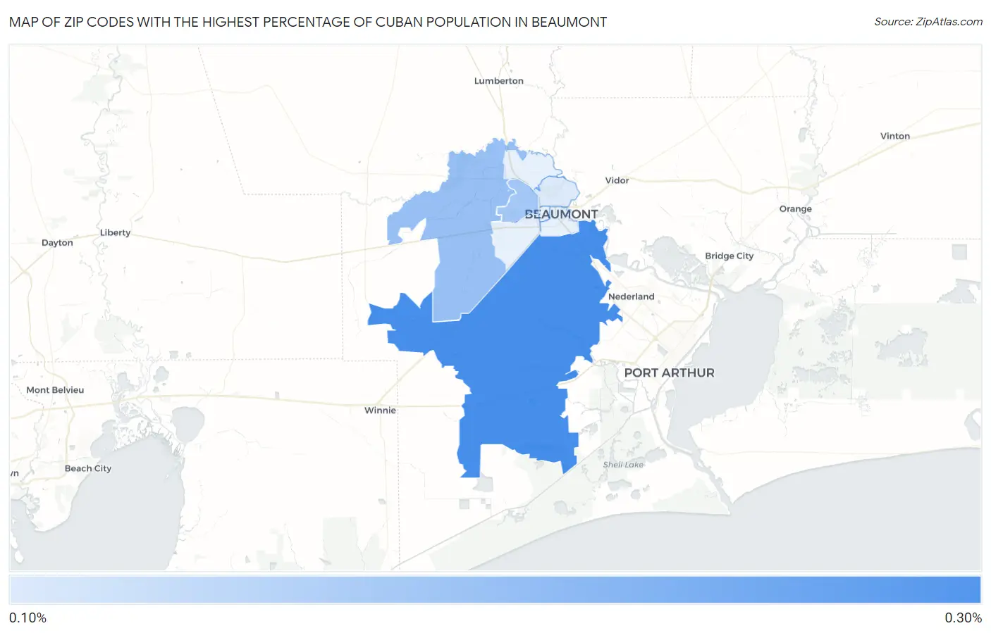 Zip Codes with the Highest Percentage of Cuban Population in Beaumont Map