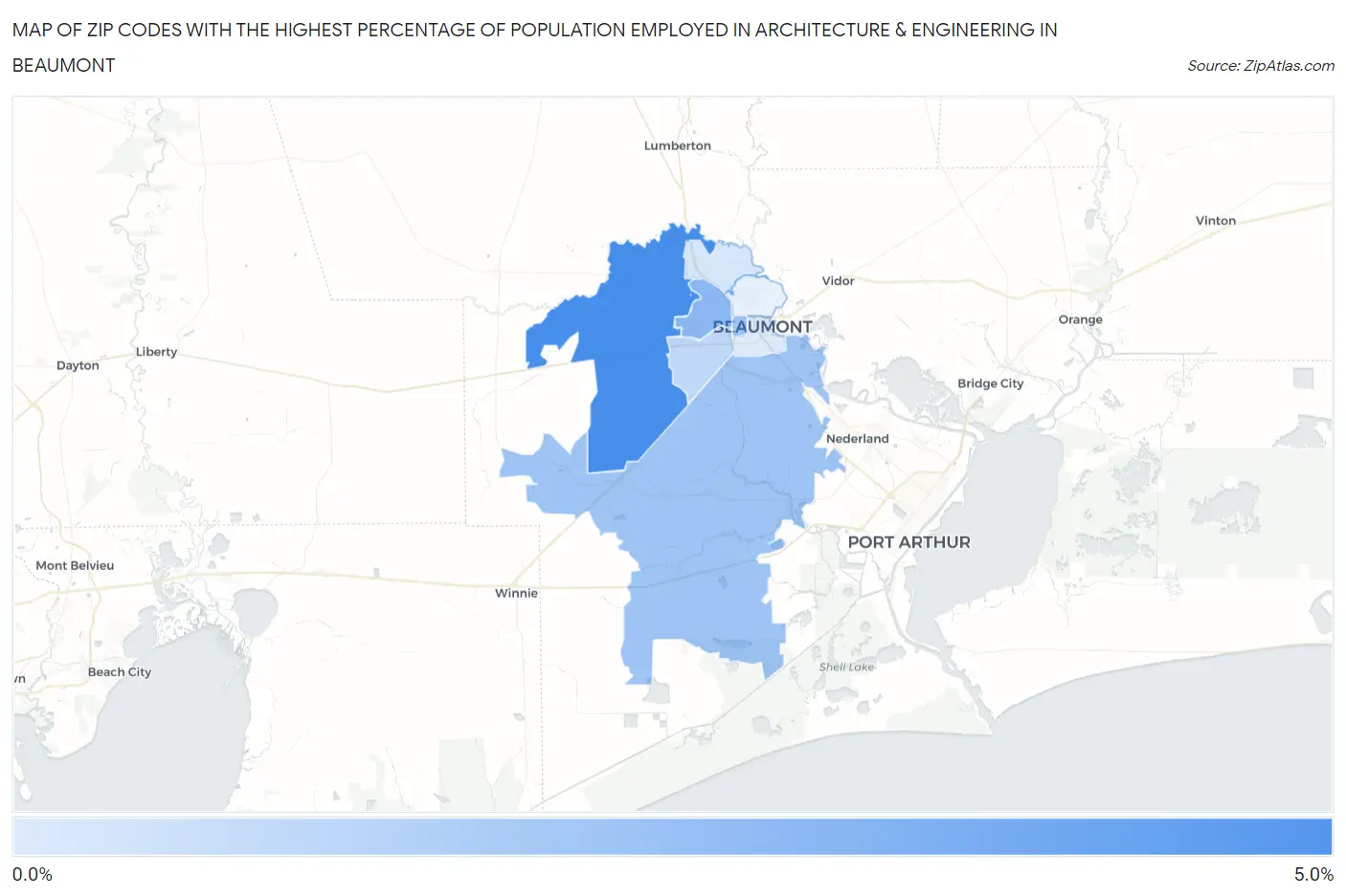 Zip Codes with the Highest Percentage of Population Employed in Architecture & Engineering in Beaumont Map