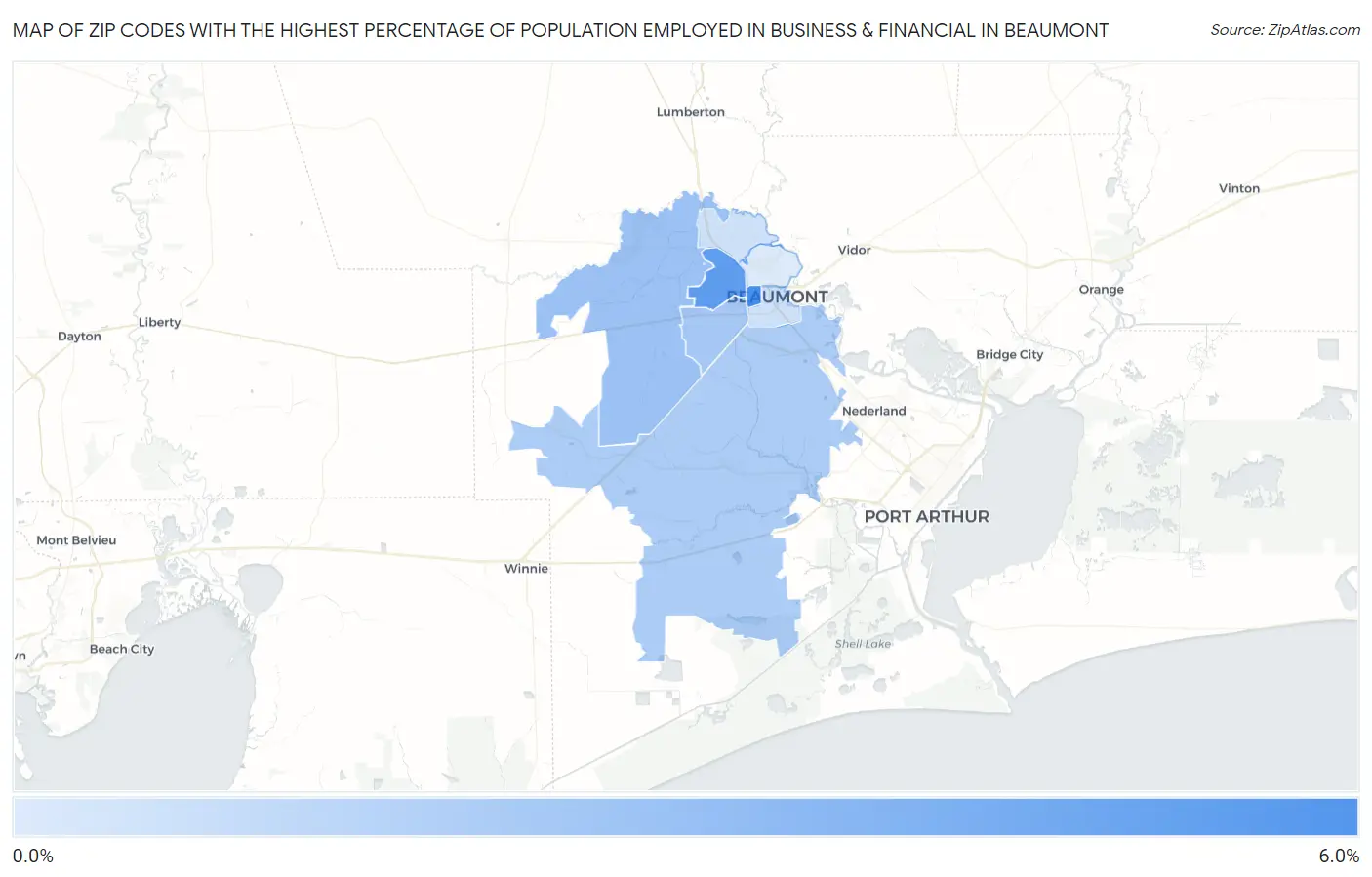 Zip Codes with the Highest Percentage of Population Employed in Business & Financial in Beaumont Map
