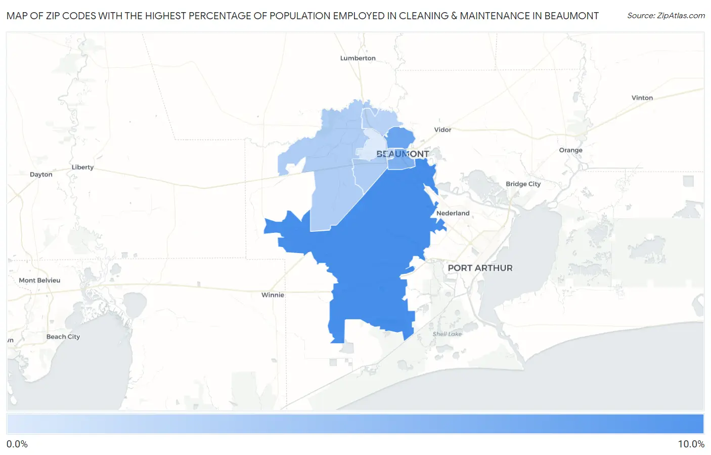 Zip Codes with the Highest Percentage of Population Employed in Cleaning & Maintenance in Beaumont Map