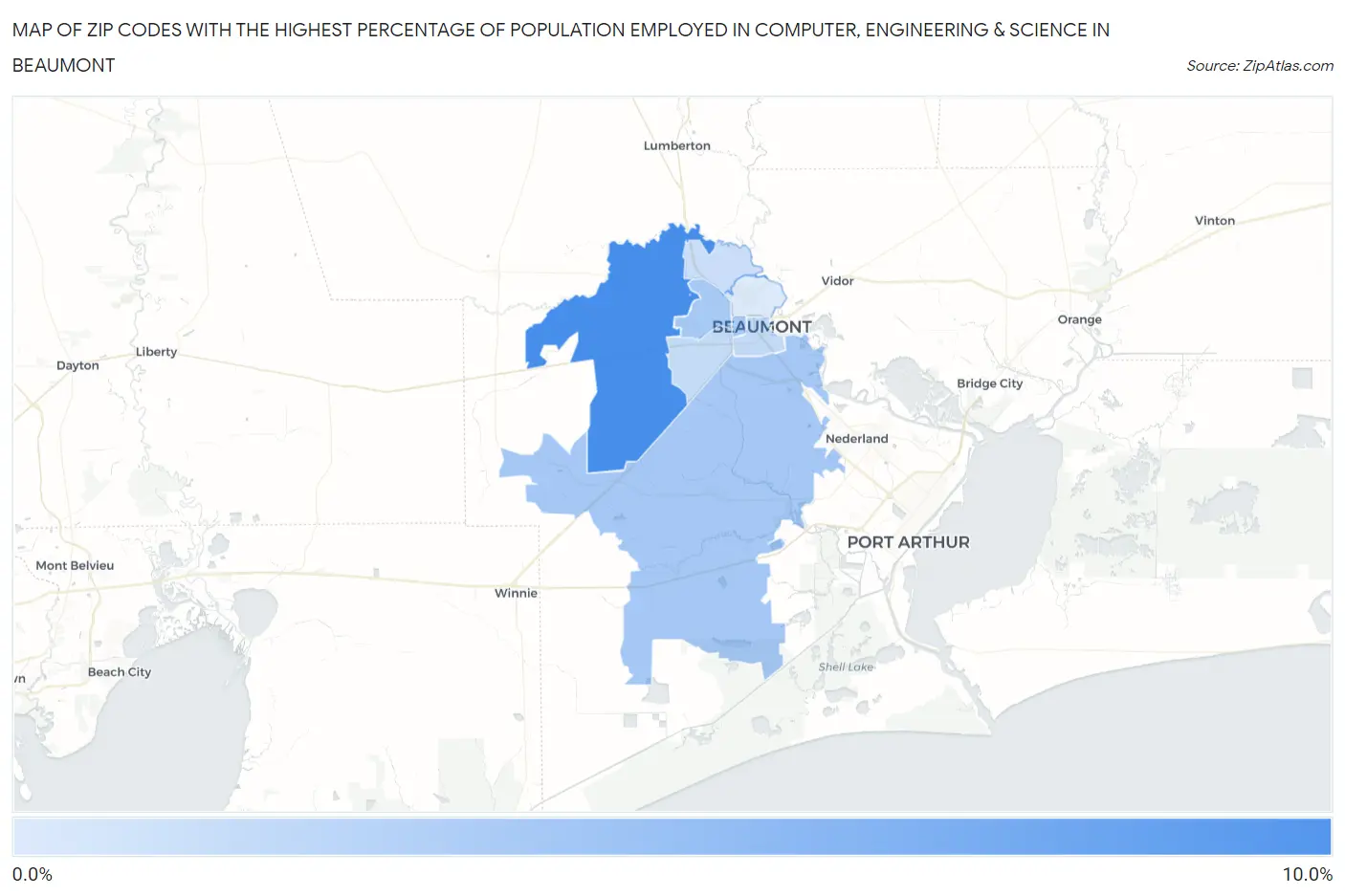 Zip Codes with the Highest Percentage of Population Employed in Computer, Engineering & Science in Beaumont Map