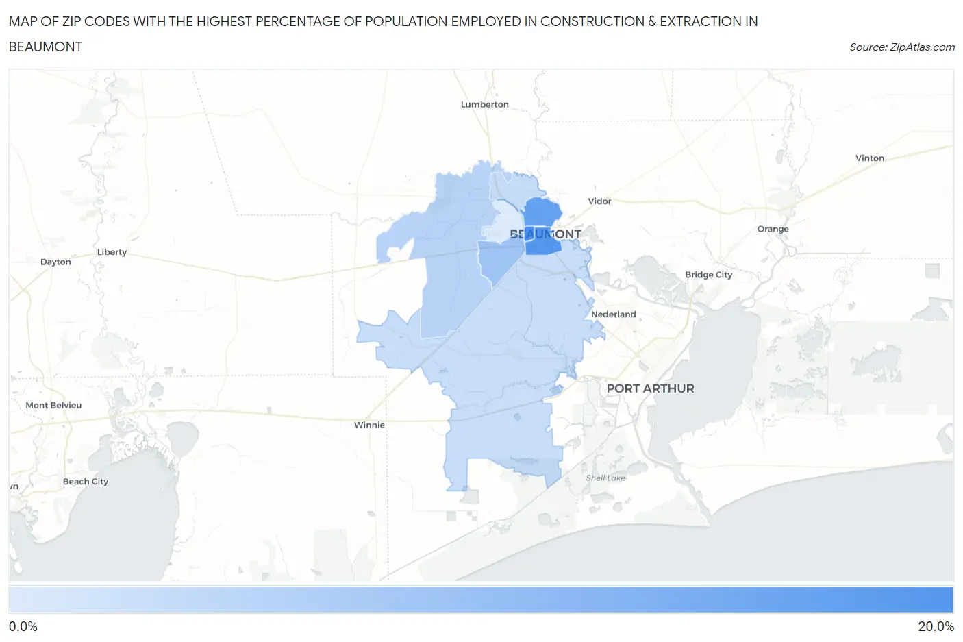 Zip Codes with the Highest Percentage of Population Employed in Construction & Extraction in Beaumont Map