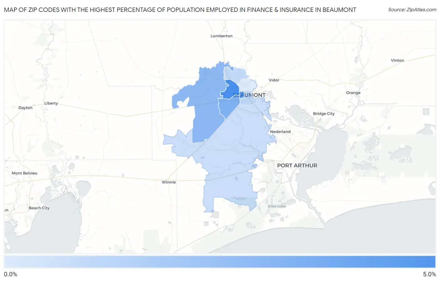 Zip Codes with the Highest Percentage of Population Employed in Finance & Insurance in Beaumont Map