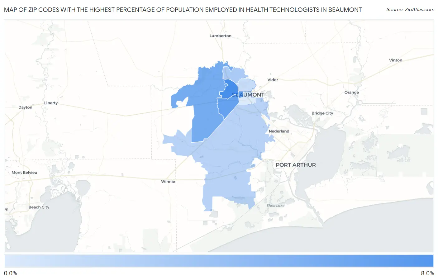 Zip Codes with the Highest Percentage of Population Employed in Health Technologists in Beaumont Map