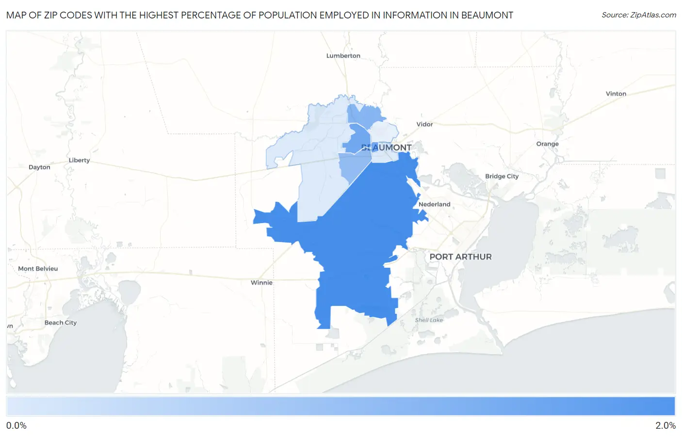 Zip Codes with the Highest Percentage of Population Employed in Information in Beaumont Map