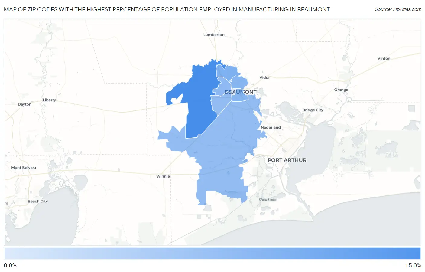 Zip Codes with the Highest Percentage of Population Employed in Manufacturing in Beaumont Map