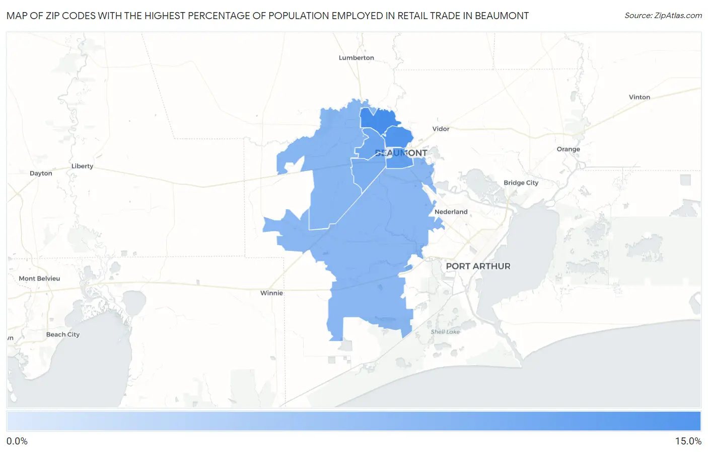 Zip Codes with the Highest Percentage of Population Employed in Retail Trade in Beaumont Map