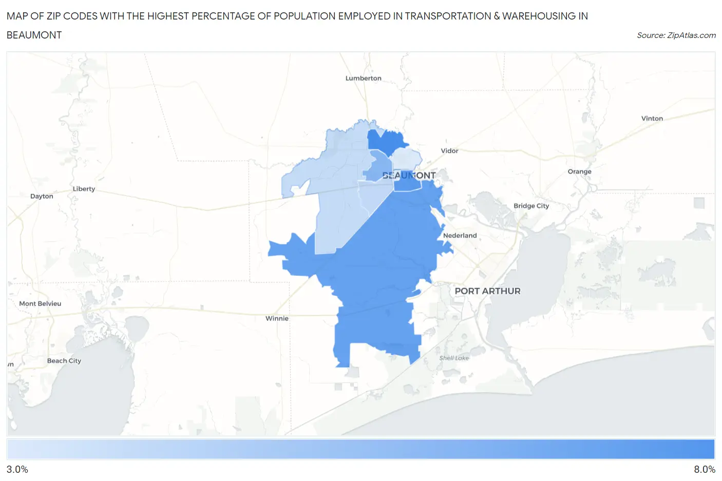 Zip Codes with the Highest Percentage of Population Employed in Transportation & Warehousing in Beaumont Map
