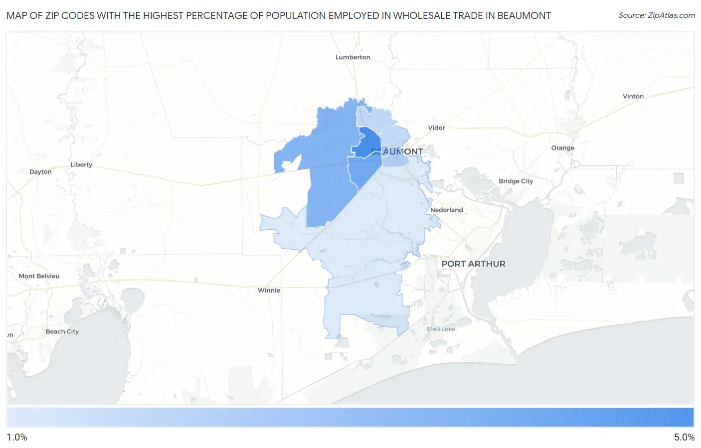 Zip Codes with the Highest Percentage of Population Employed in Wholesale Trade in Beaumont Map