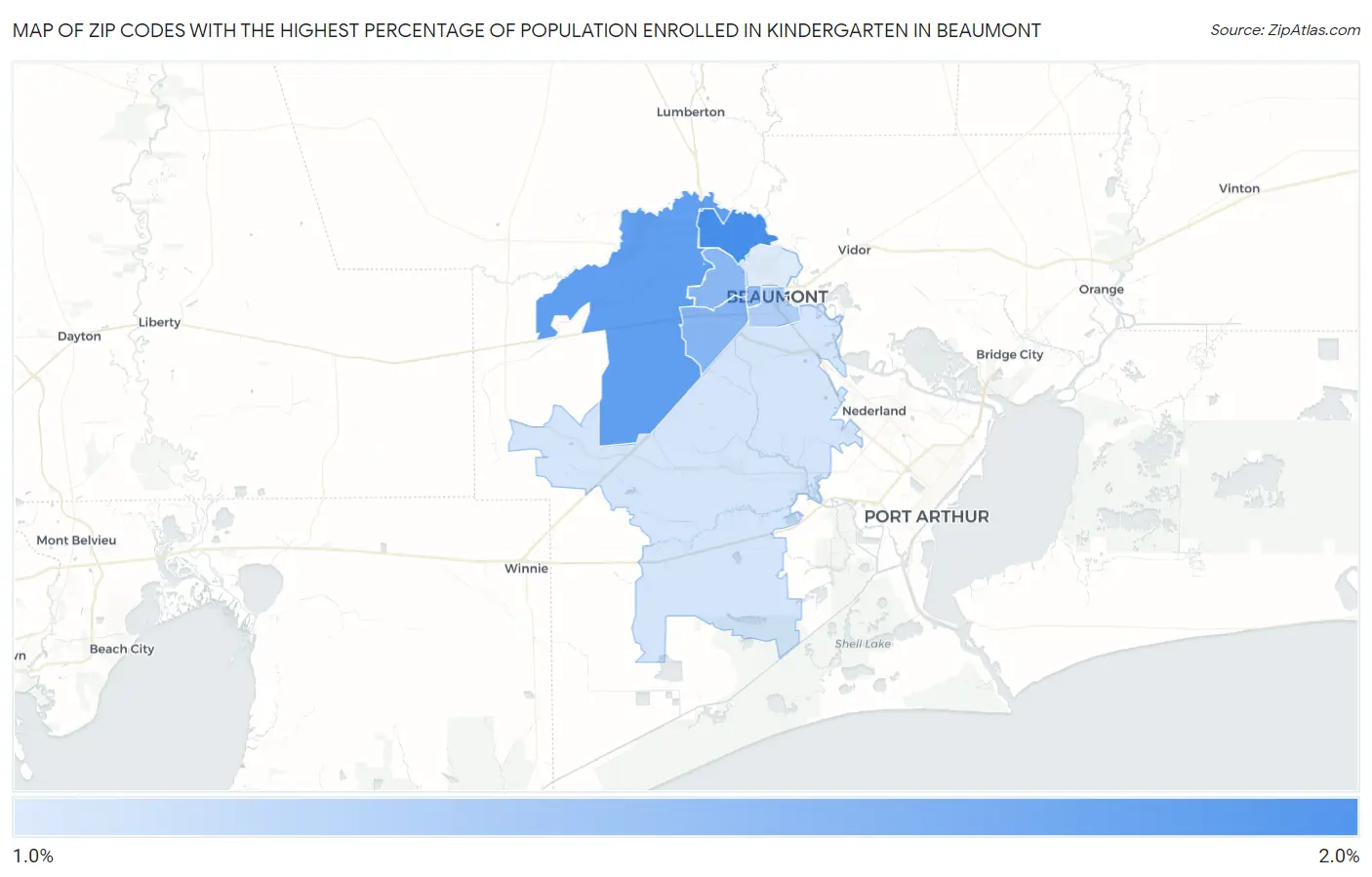 Zip Codes with the Highest Percentage of Population Enrolled in Kindergarten in Beaumont Map