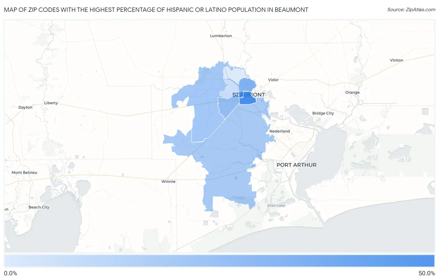 Zip Codes with the Highest Percentage of Hispanic or Latino Population in Beaumont Map