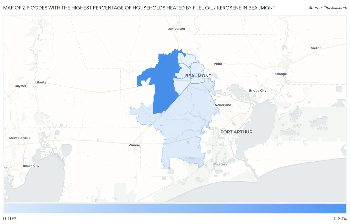Zip Codes with the Highest Percentage of Households Heated by Fuel Oil / Kerosene in Beaumont Map