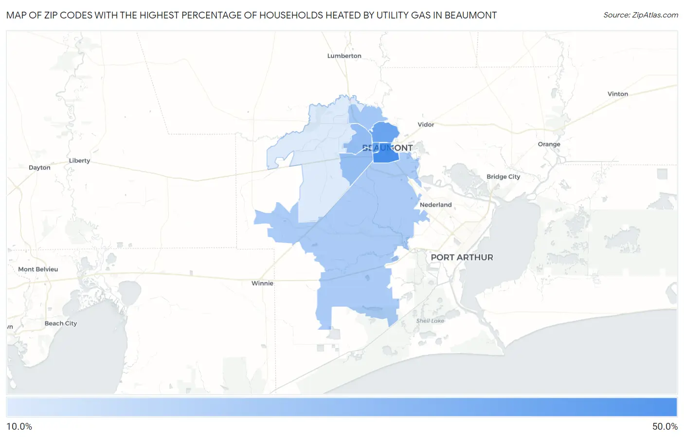 Zip Codes with the Highest Percentage of Households Heated by Utility Gas in Beaumont Map