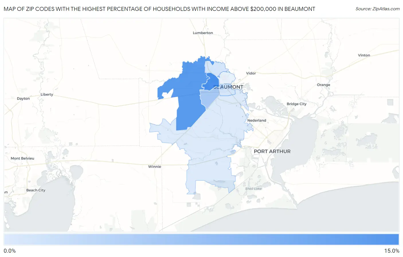Zip Codes with the Highest Percentage of Households with Income Above $200,000 in Beaumont Map