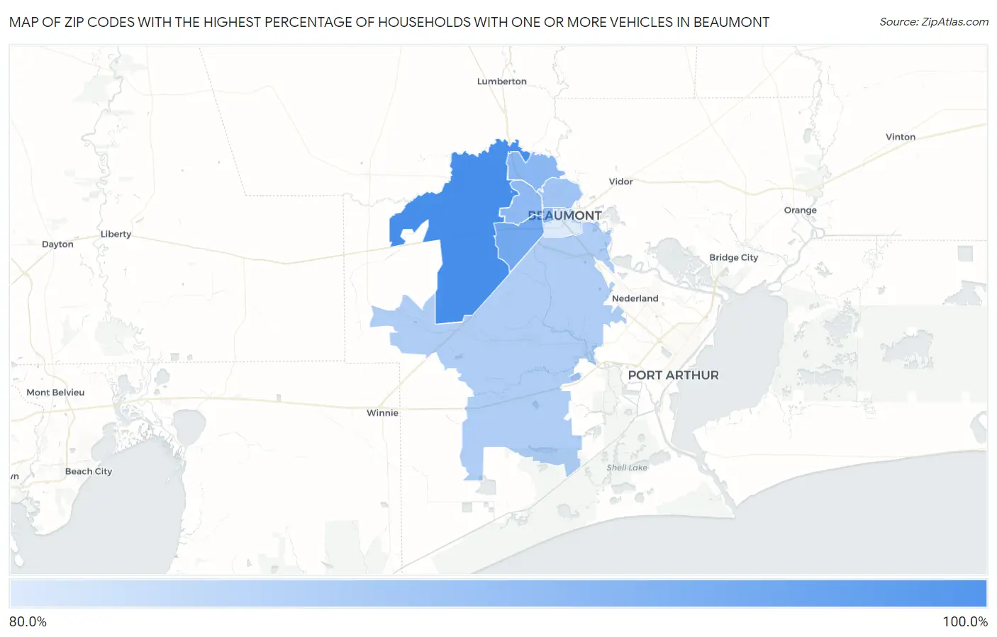 Zip Codes with the Highest Percentage of Households With One or more Vehicles in Beaumont Map
