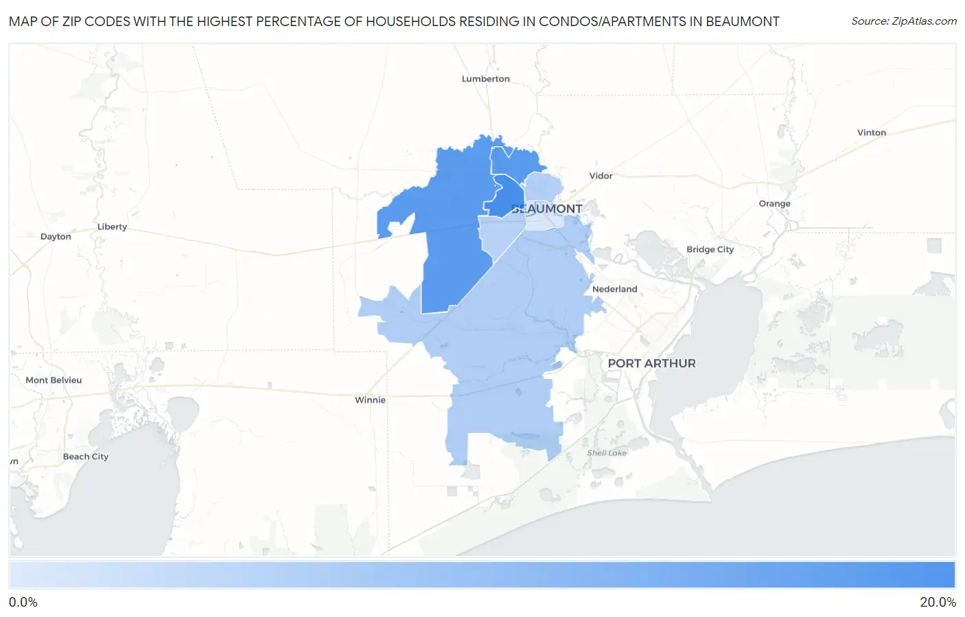 Zip Codes with the Highest Percentage of Households Residing in Condos/Apartments in Beaumont Map