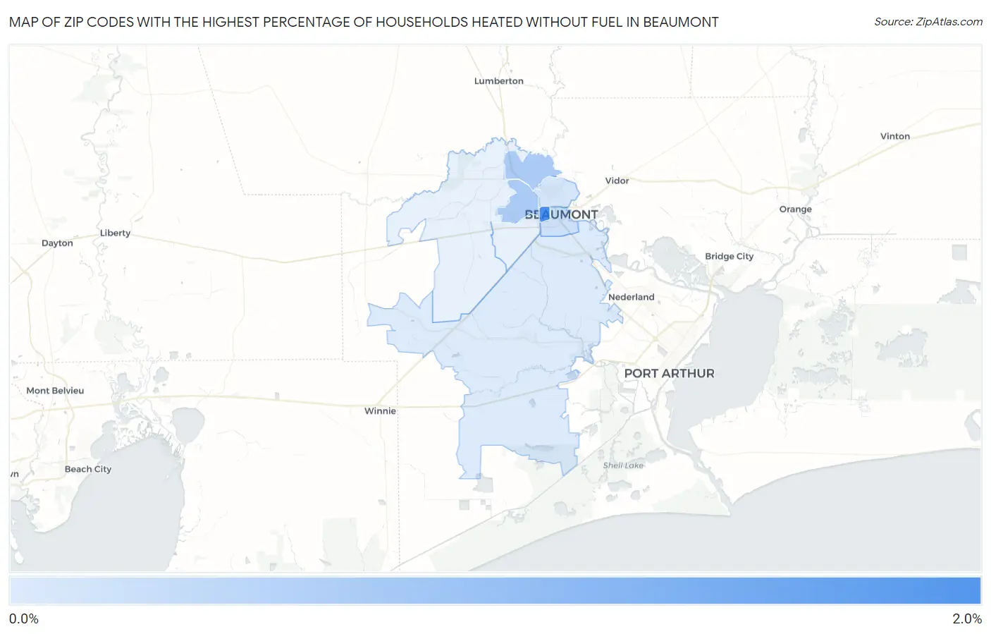 Zip Codes with the Highest Percentage of Households Heated without Fuel in Beaumont Map
