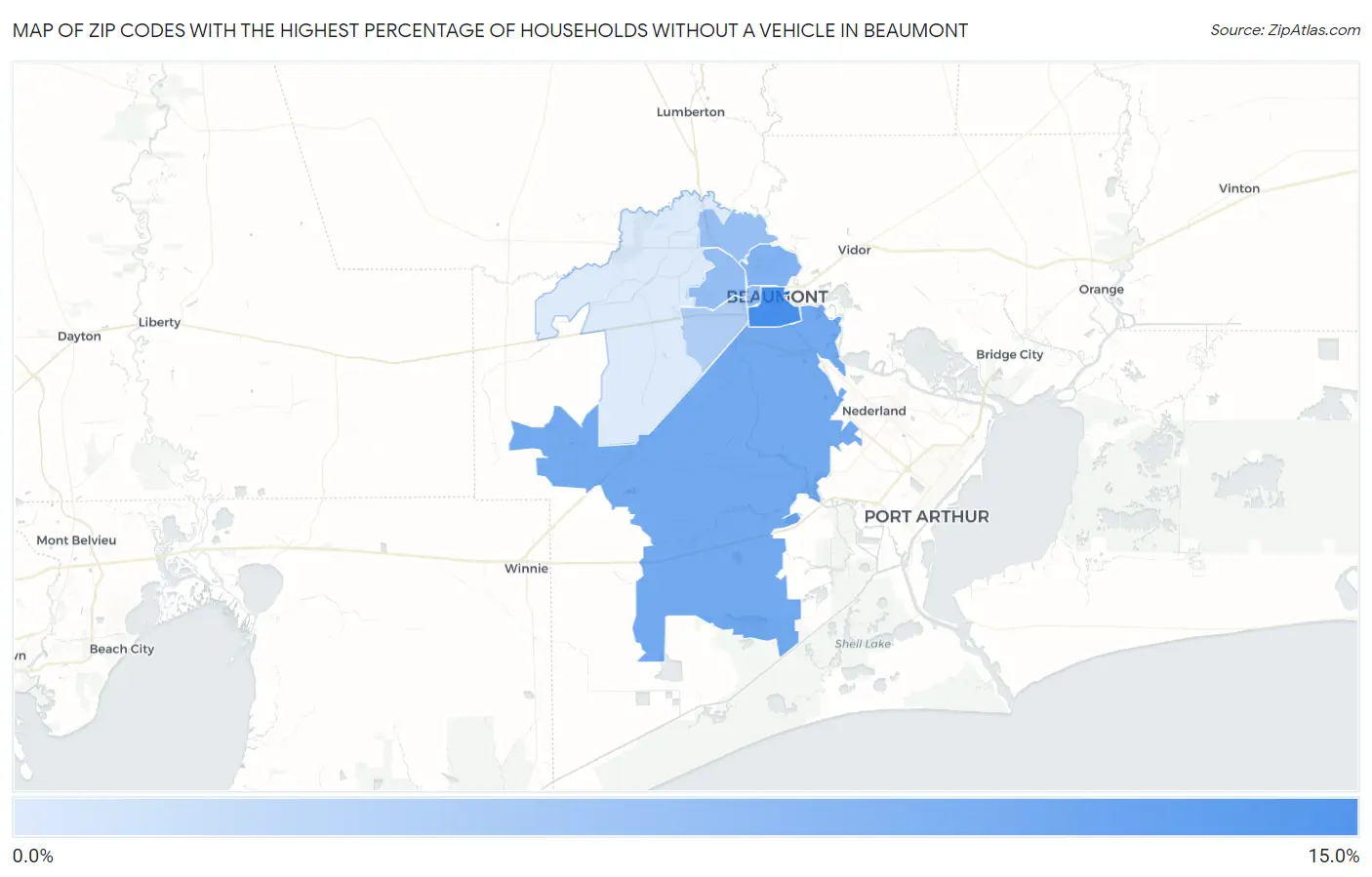 Zip Codes with the Highest Percentage of Households Without a Vehicle in Beaumont Map