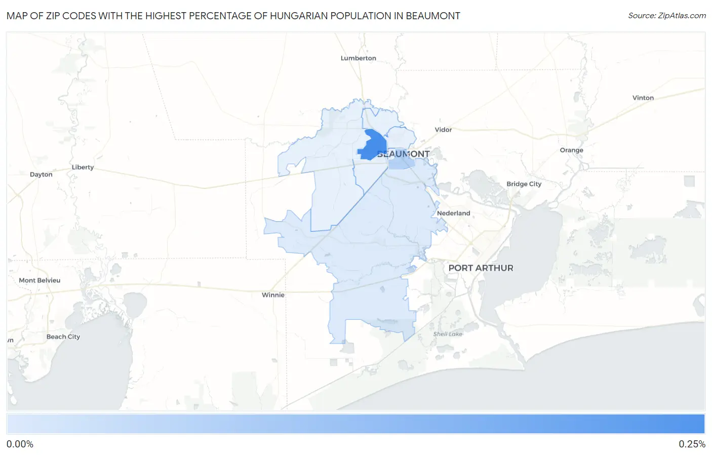Zip Codes with the Highest Percentage of Hungarian Population in Beaumont Map