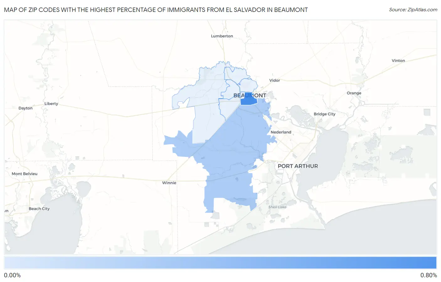 Zip Codes with the Highest Percentage of Immigrants from El Salvador in Beaumont Map