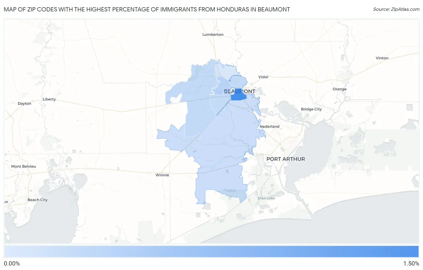 Zip Codes with the Highest Percentage of Immigrants from Honduras in Beaumont Map