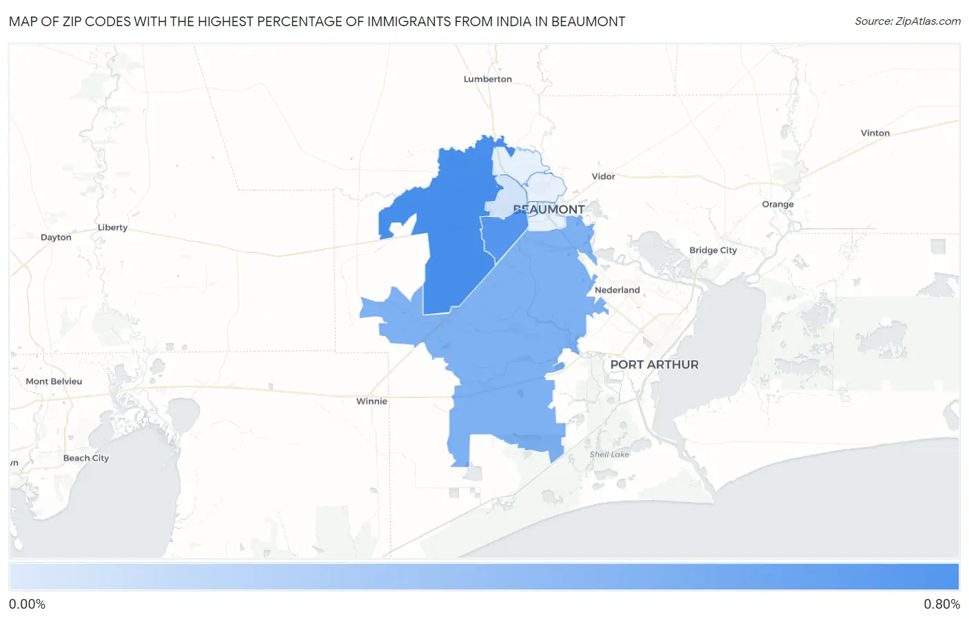 Zip Codes with the Highest Percentage of Immigrants from India in Beaumont Map