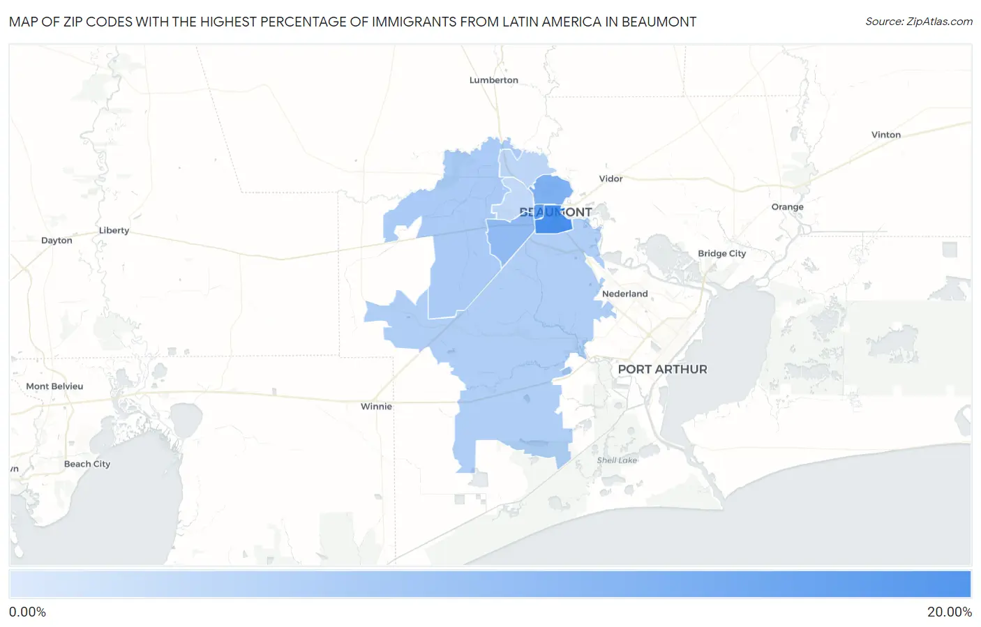 Zip Codes with the Highest Percentage of Immigrants from Latin America in Beaumont Map