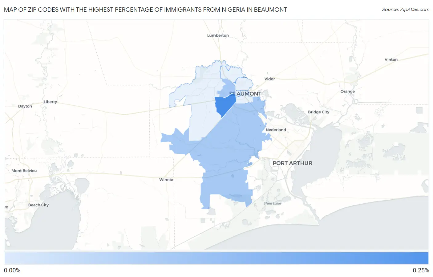 Zip Codes with the Highest Percentage of Immigrants from Nigeria in Beaumont Map