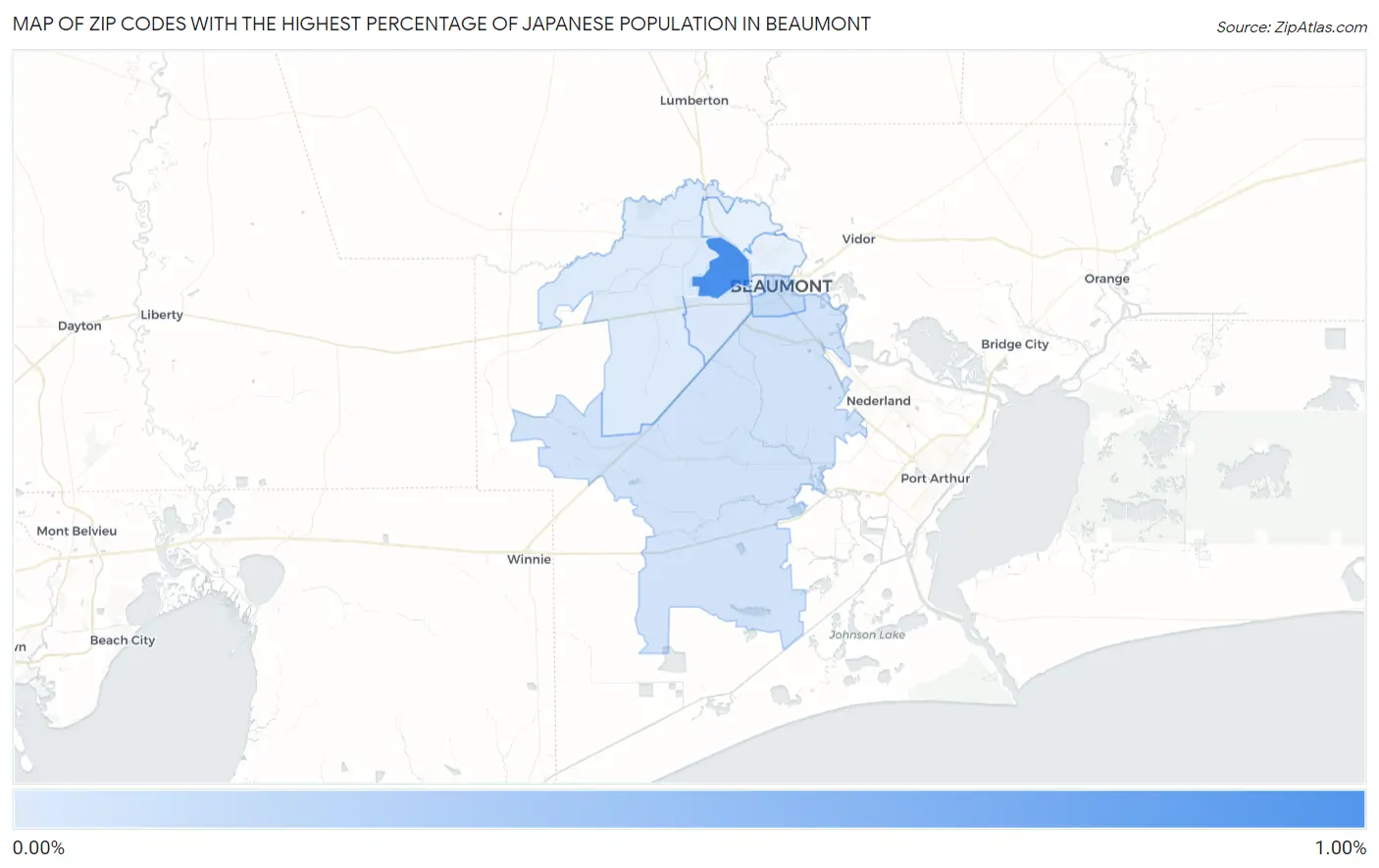 Zip Codes with the Highest Percentage of Japanese Population in Beaumont Map