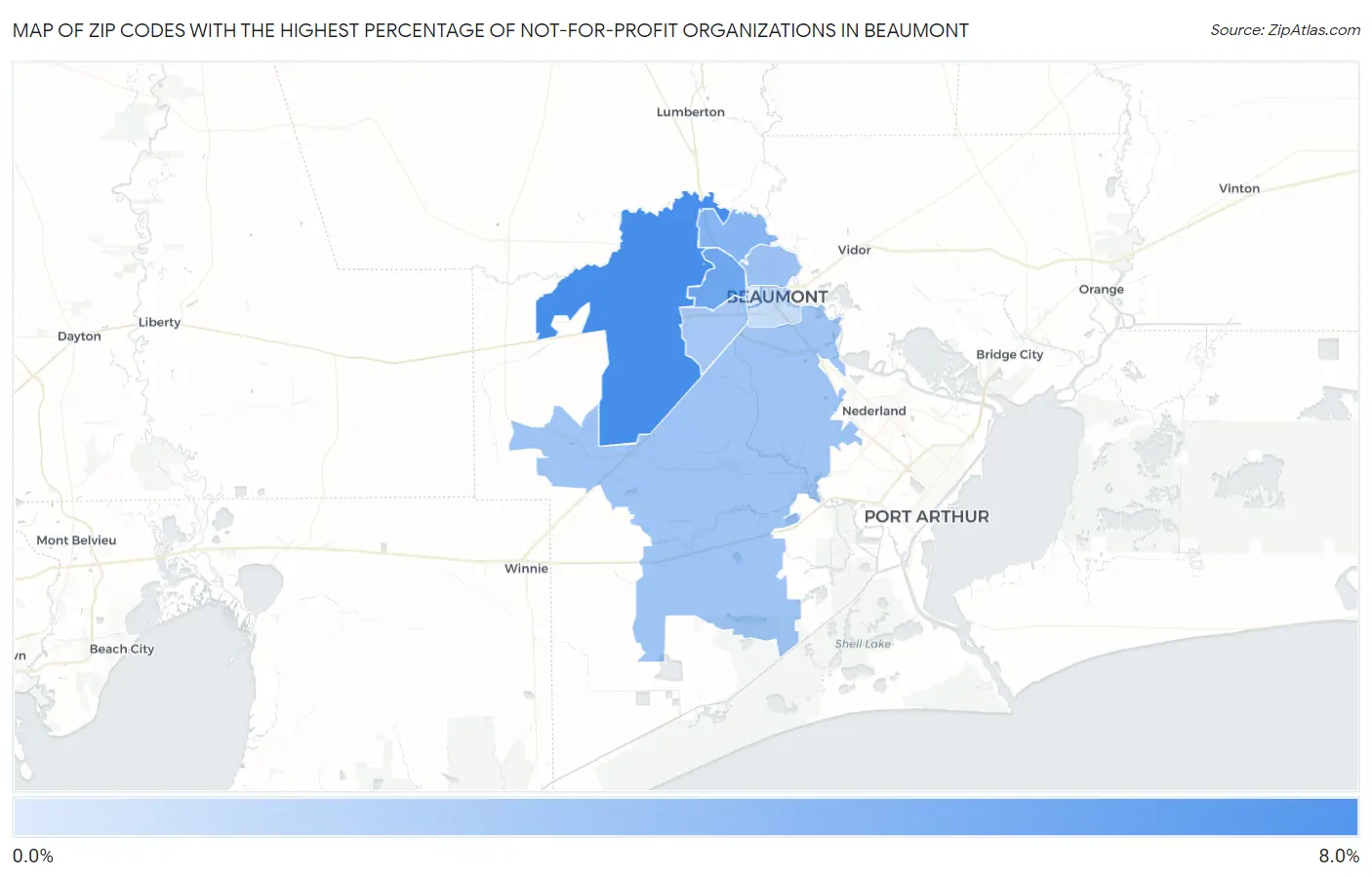Zip Codes with the Highest Percentage of Not-for-profit Organizations in Beaumont Map