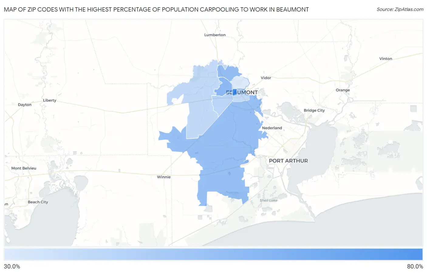 Zip Codes with the Highest Percentage of Population Carpooling to Work in Beaumont Map