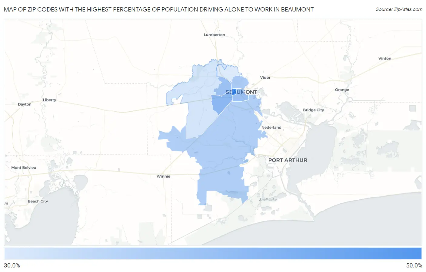 Zip Codes with the Highest Percentage of Population Driving Alone to Work in Beaumont Map