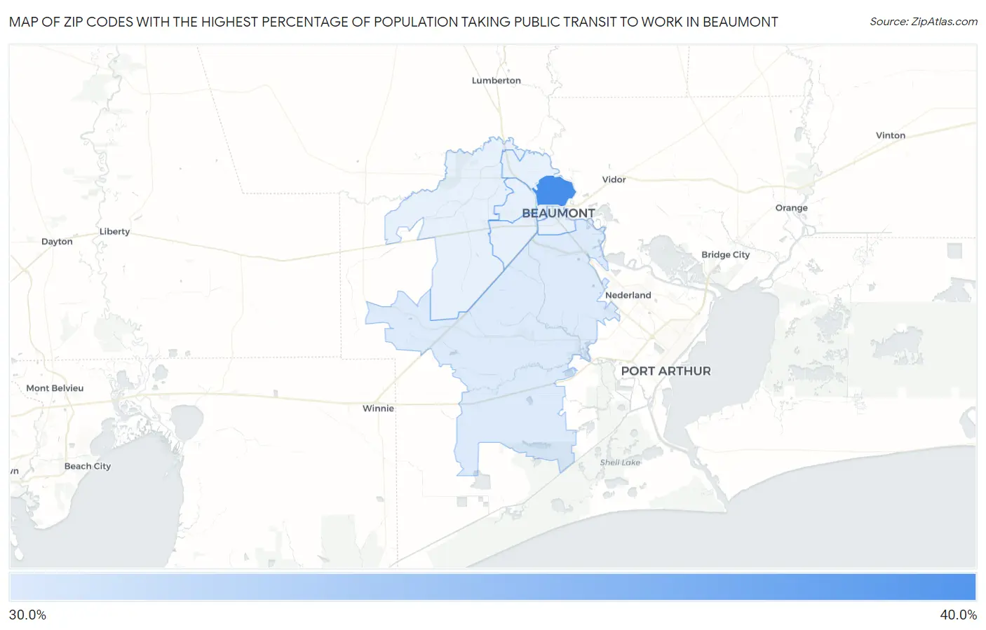 Zip Codes with the Highest Percentage of Population Taking Public Transit to Work in Beaumont Map