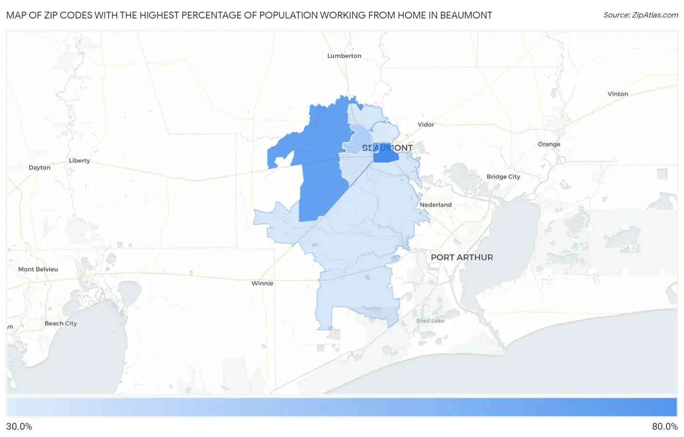 Zip Codes with the Highest Percentage of Population Working from Home in Beaumont Map