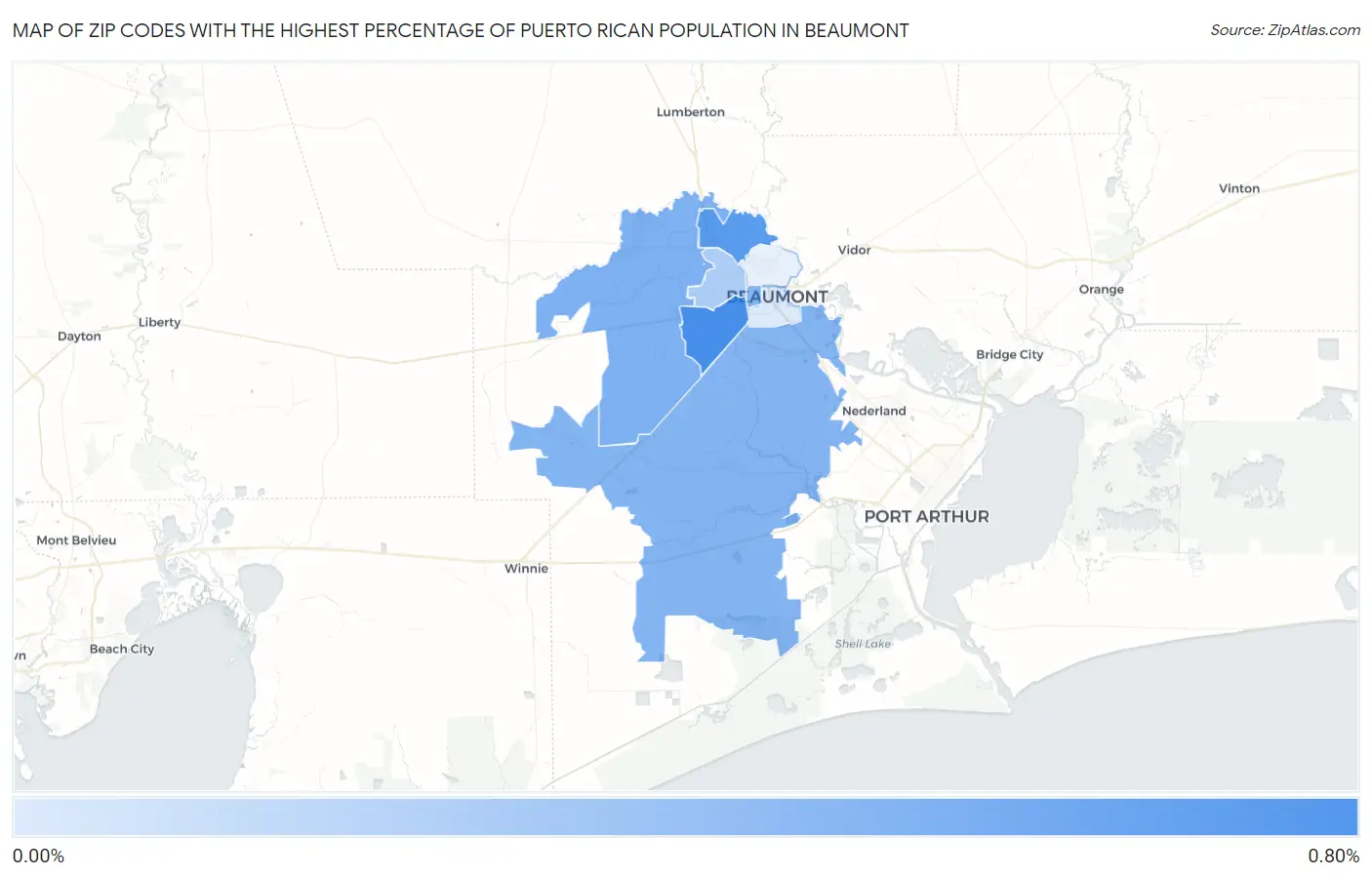 Zip Codes with the Highest Percentage of Puerto Rican Population in Beaumont Map