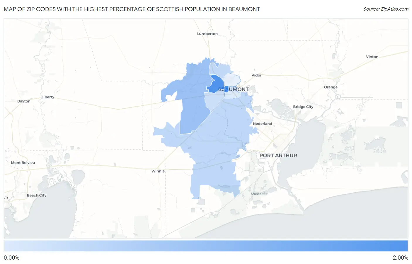 Zip Codes with the Highest Percentage of Scottish Population in Beaumont Map