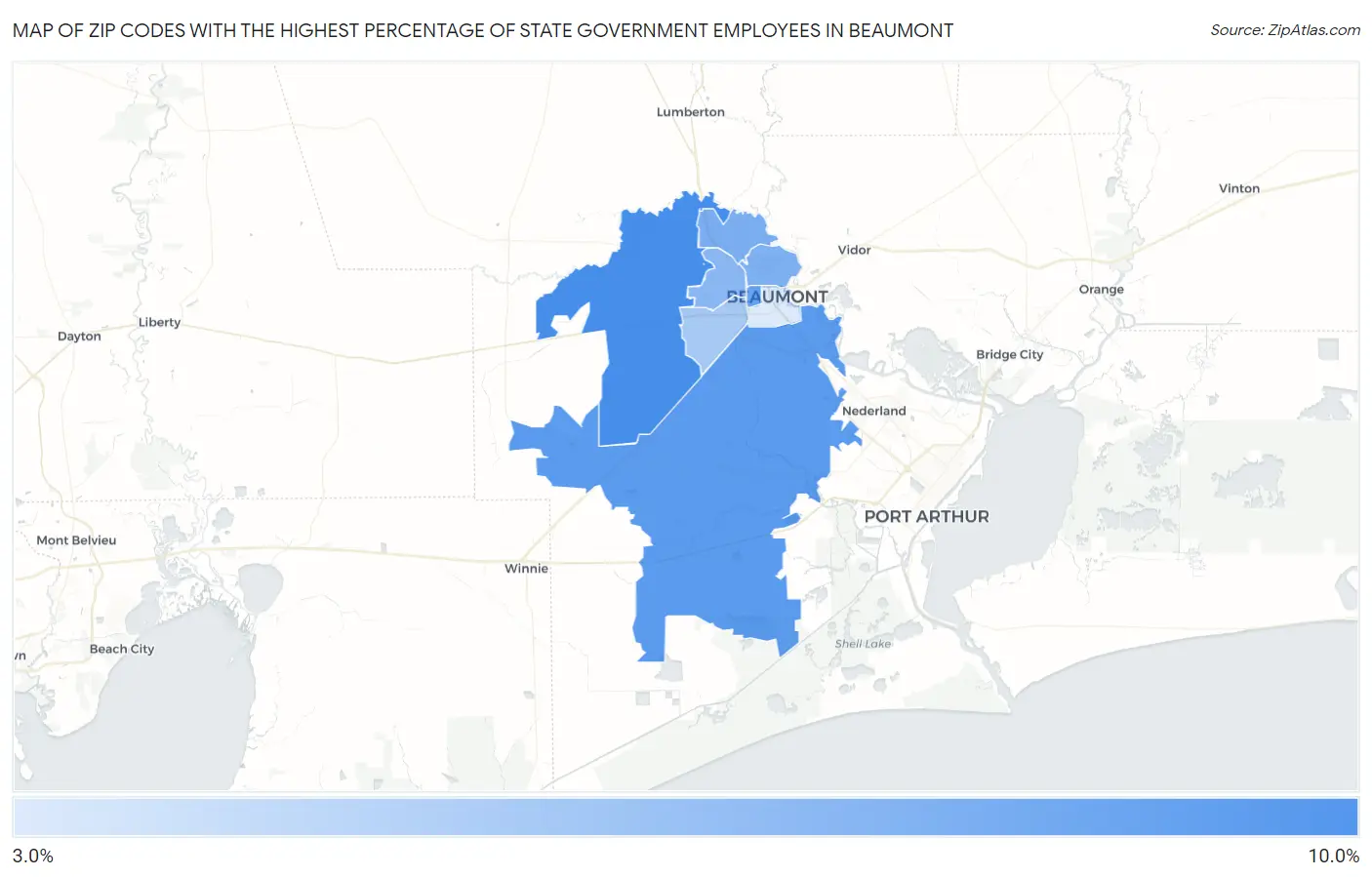 Zip Codes with the Highest Percentage of State Government Employees in Beaumont Map